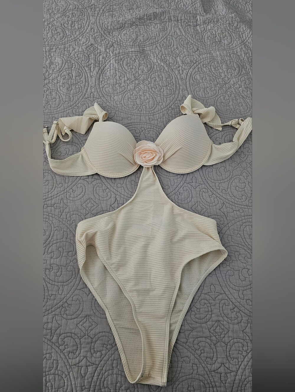 SHEIN Cream Ribbed One-Piece Swimsuit with Rose Accent